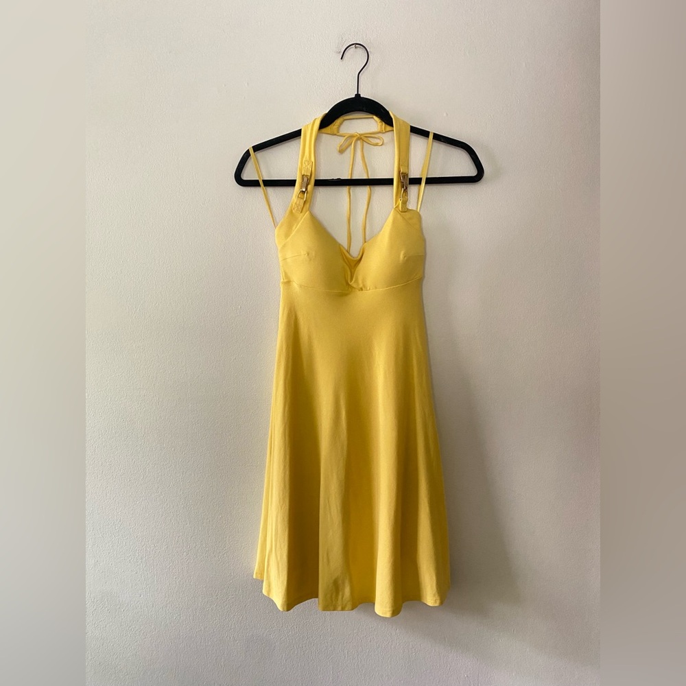 Vintage Y2K yellow halter buckle detail mini dress size XS prom party